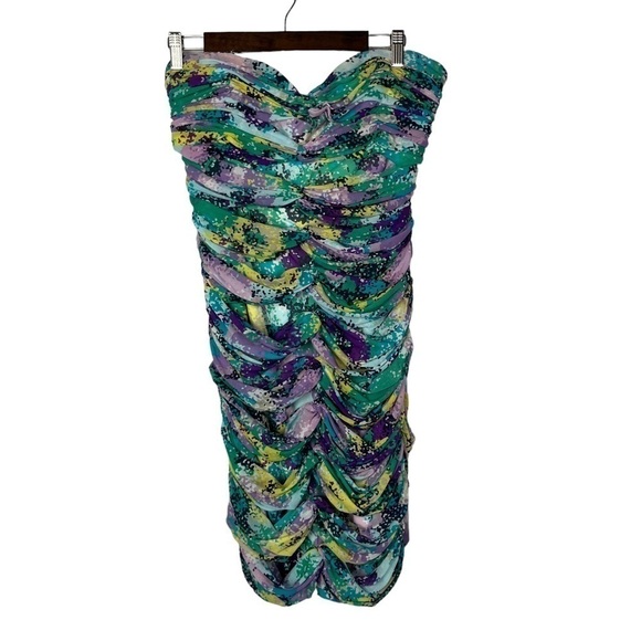 BCBGMaxAzria Blue & Purple Printed Ruched Mini Dress L - Picture 2 of 4